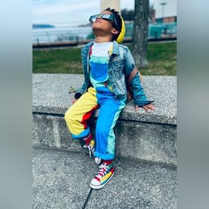Dotty Dungarees Colourblock Size 4-5 Kids Children’s Overalls Lined Retail $75